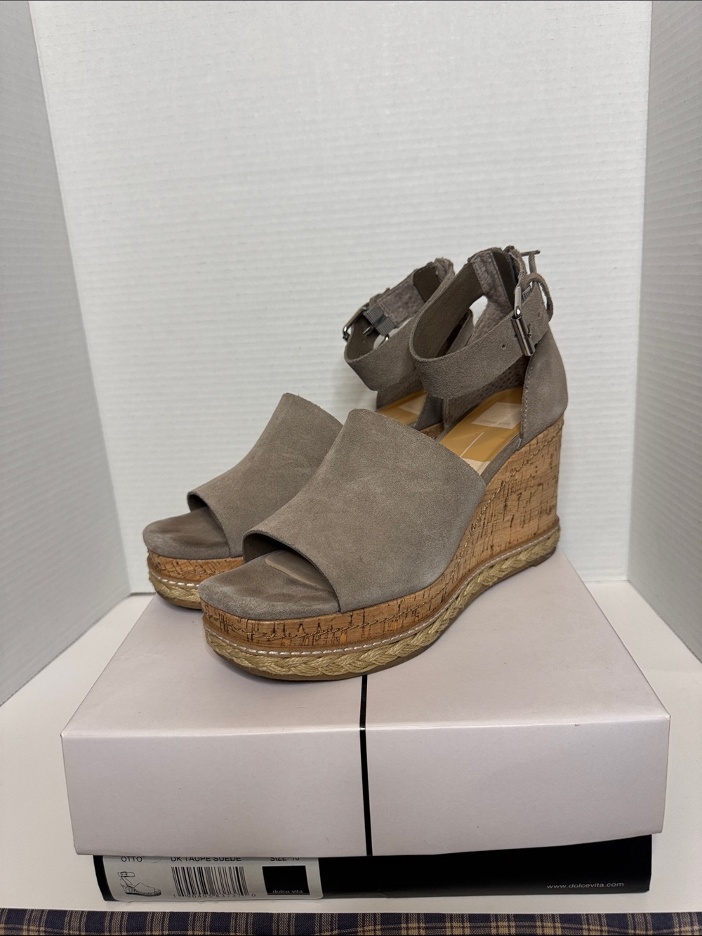 Dolce Vita Taupe Suede Cork Espadrille Wedge Sandals with Ankle Buckle